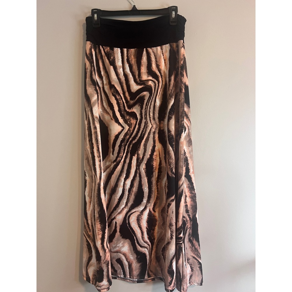New Directions Brown Abstract Wavy Print Maxi Skirt Wide Waistband Womens Medium
